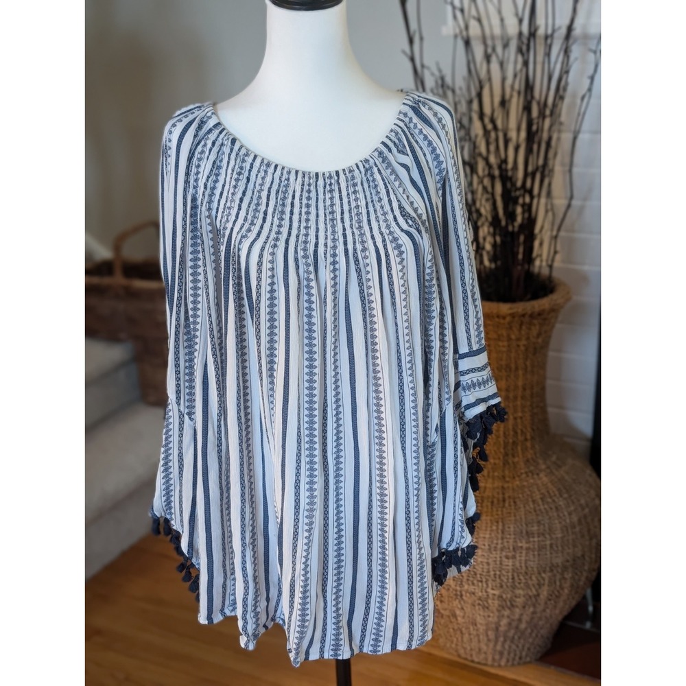 Studio West Apparel Boho Blue White Striped Smocked Bell Sleeve Pom Pom XXL